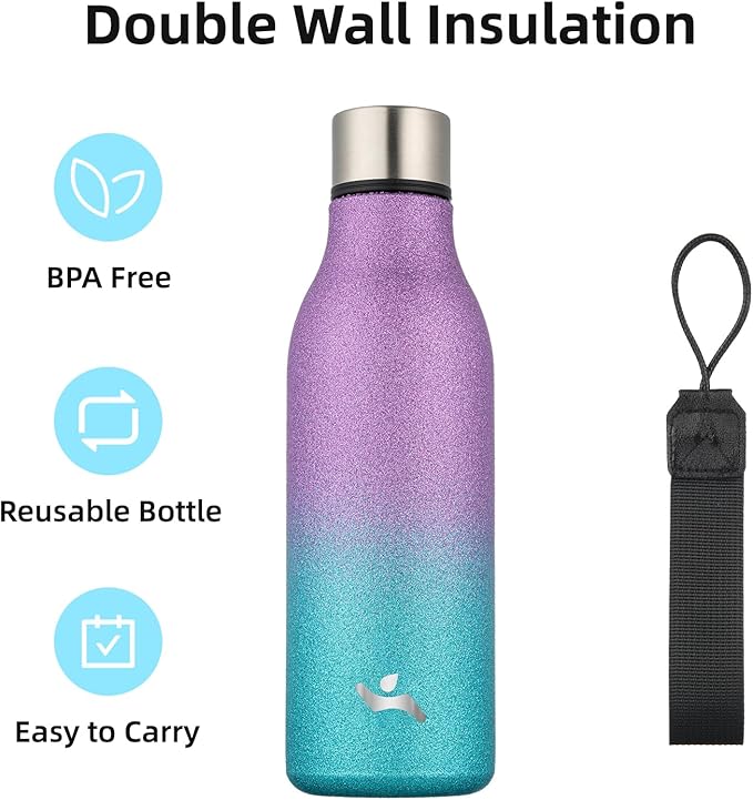 Konokyo Insulated Water Bottle with Strap,18 oz Double Wall Stainless Steel Vacuum Bottles Metal Water Flask,Sparkling Purple Green