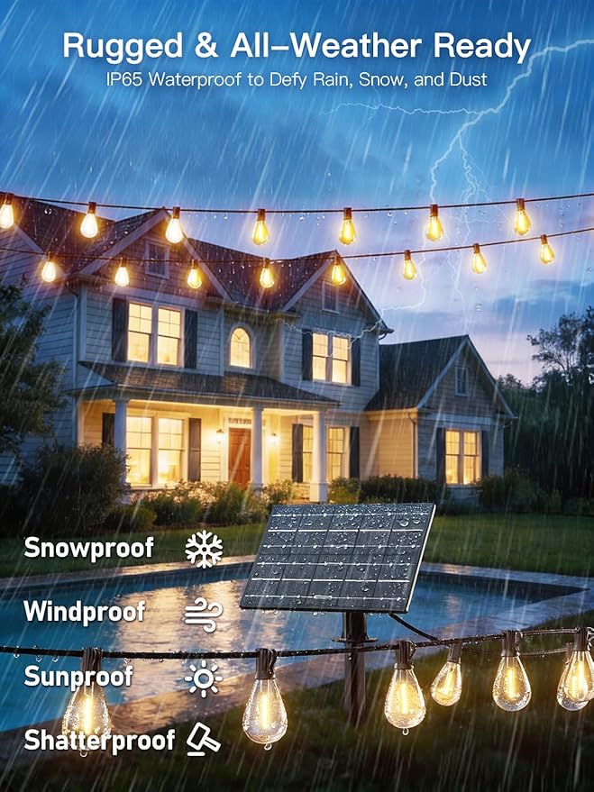 100FT Solar String Lights Outdoor Waterproof, 35+1 LED Solar Powered Lights with Remote Control, 3 Light Modes & Dimmable, USB-C Charging for Patio, Backyard, Garden, Camping