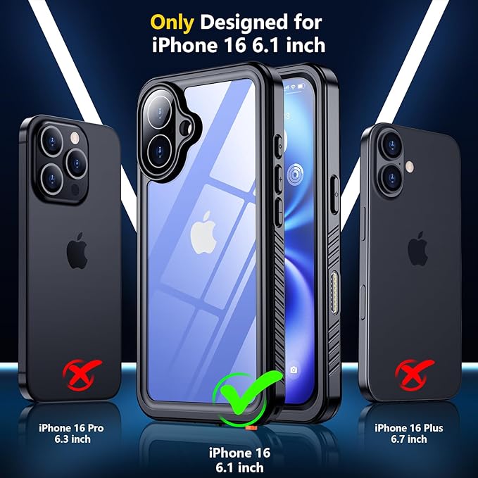 SPIDERCASE for iPhone 16 Case with Lanyard, 12FT Military Heavy Duty Rugged IP68 Underwater Full Body Sealed Protection Phone Case 6.1”, [Built-in Camera & Screen Protector], Black/Clear