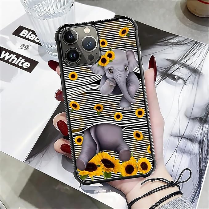 for iPhone 16 Pro Max Case, Cute Little Elephant Sunflower White Line Art Pattern Graphic Design Girl Boy Soft Silicone Hard Acrylic Shock Protection for iPhone 16 Pro Max