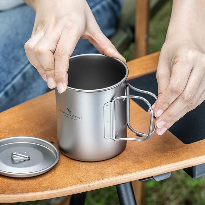 Boundless Voyage Titanium Camping Mug with Lid 300ml 450ml 750ml Lightweight Folding Handle Cup for Outdoor Backpacking Hiking Travel Durable Portable (450ml)