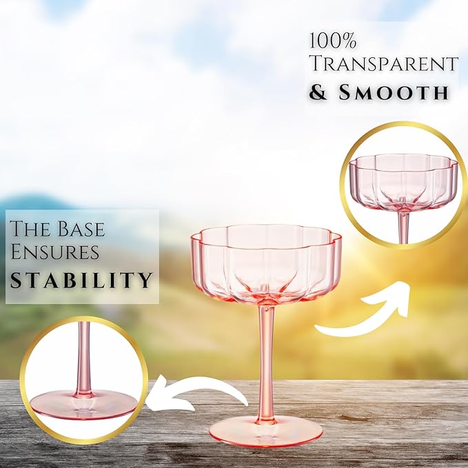 Khen Shatterproof Acrylic Flower Wavy Art Deco Martini, Champagne & Cocktail Blush Peach-Pink Plastic Tritan Coupe Glasses | Set of 4 | 8.5oz Classic Cocktail Indoor & Outdoor Set Gift