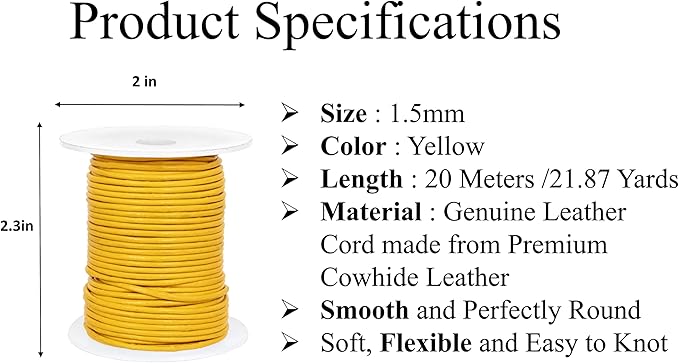GENIQUE Real/Genuine Round Leather String Cord for Necklace, Bracelets, Jewellery, Braiding (Yellow, 1.5mm)