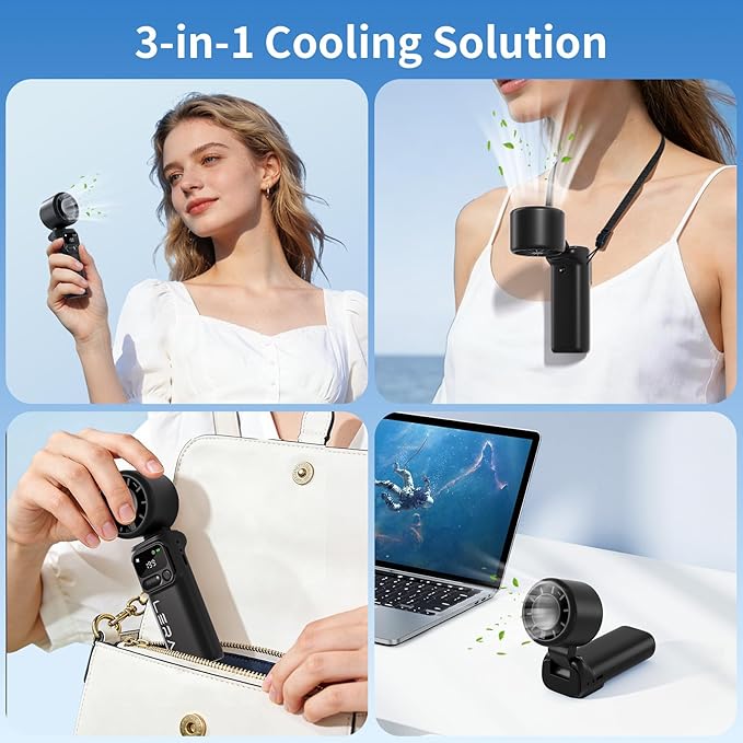 Lerat Portable Handheld Turbo Fan, 5-Speed High Power Mini Fan, 4000mAh Rechargeable Battery Operated, 3-in-1 Foldable Personal Fan for Travel, Beach, Cruise, Gifts for Women Men, Black
