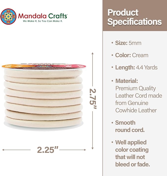 Mandala Crafts Round Genuine Cream Leather Cord for Jewelry Making – 5mm Cowhide Leather Rope String Lace for Kumihimo – 4.4 Yards Cowhide Craft Cording Spool