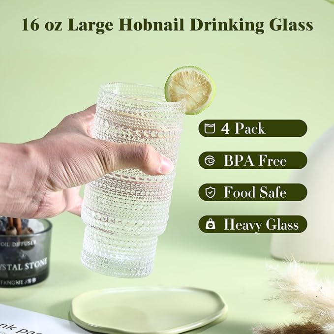 Large Capacity 16 oz Hobnail Drinking Glasses Set of 4, Vintage Glassware Drinking Glasses, Clear Water Glasses Tumbler, Cups for Kitchen, Juice, Beer, Cocktail, Whiskey