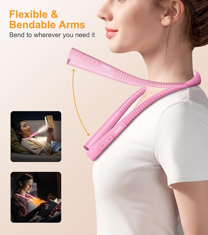 Gritin Book Light, Eye Caring 4-Color & 5-Brightness Neck Light Reading Light- Stepless Dimming,30-min Timer,80+ Hrs Runtime,Bendable Round Neck Design, Lightweight for Reading-Rose