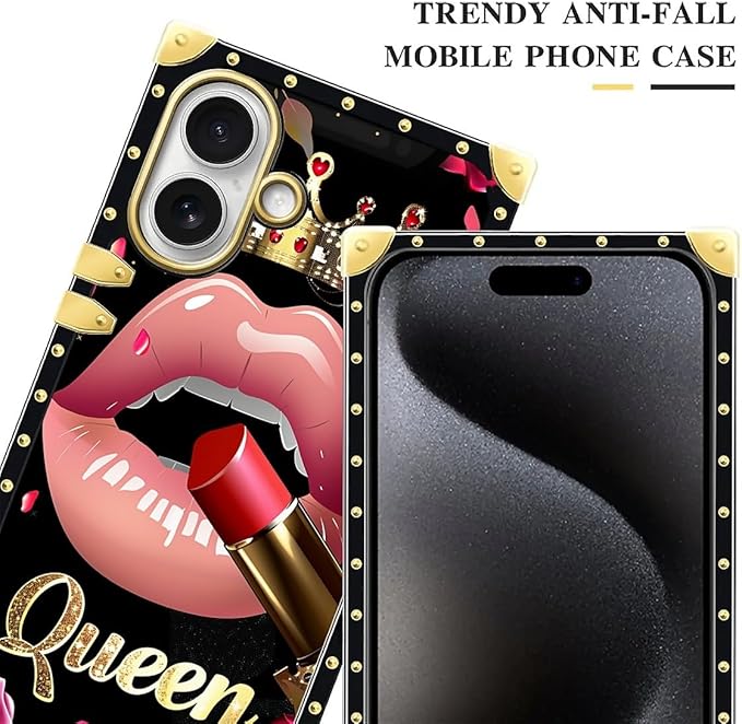 for iPhone 17 Case Luxury Golden Decoration for Girl Women Soft TPU Shockproof Protective Hard PC Back for iPhone 17 Crazy Pattern Glitter Red Rose Queen Leopard Lipstick