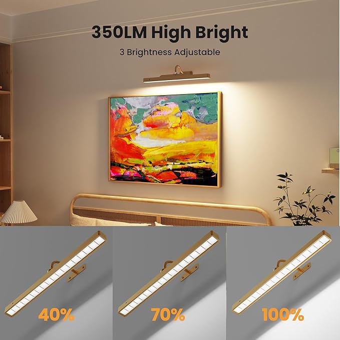 Picture Light Battery Rechargeable, 3Pack Picture Light for Wall with Remote, 3 Color Modes and Dimmable Classic Art Lights for Paintings, Pictures in Gallery, Bedroom, with Timer_Antique Gold