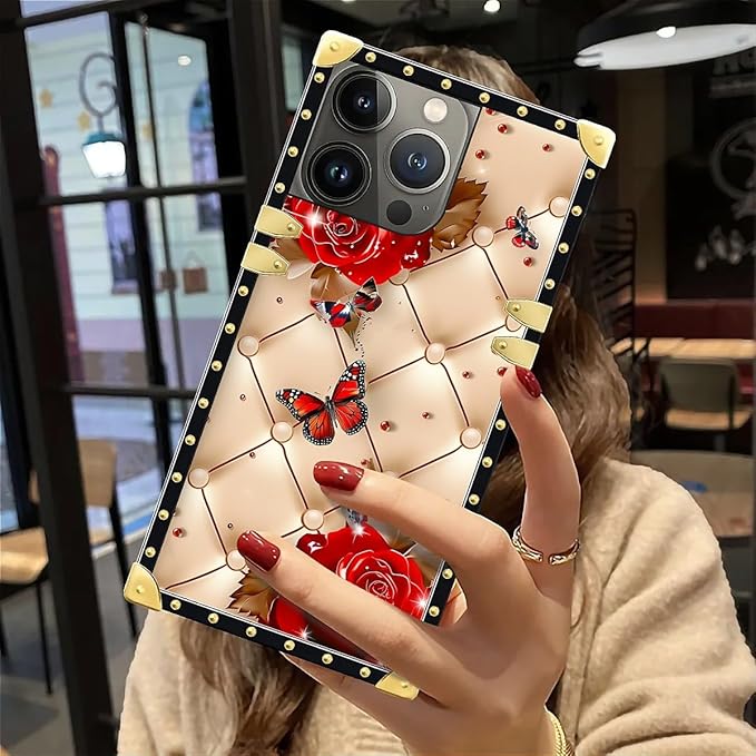 Compatible with iPhone 12 Pro Max Case, Shining Red Rose Butterfly Leather Background Luxury Golden Decoration for Girl Women Soft TPU Shockproof Protective Hard PC Back
