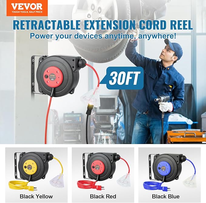 VEVOR Retractable Extension Cord Reel, 30 FT, Heavy Duty 16AWG/3C SJTOW Retractable Power Cord Reel with Lighted Triple Tap Outlet 10 Amp Circuit Breaker 4.5FT Lead-in Cord, for Ceiling or Wall Mount