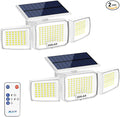 White Solar Security Light Outdoor Super Bright LED, Motion Sensor Flood Light, 3 Heads 270° Wide Angle, Remote Control, IP65 Waterproof, 3 Modes (2 Packs)