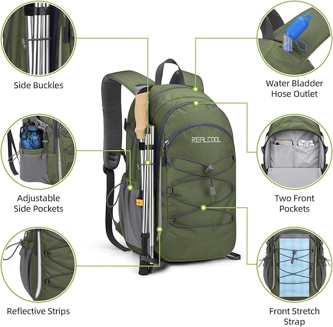 RealCool Hiking Backpack for Men Women,20L Lightweight Waterproof Travel Camping Backpack Hiking Daypack for Cycling Running,Army Green
