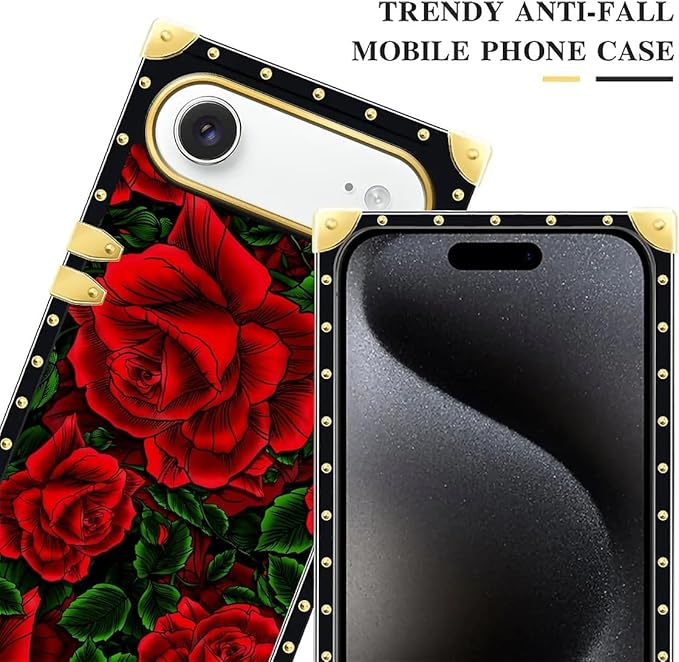 for iPhone 17 Air Case Luxury Golden Decoration for Girl Women Soft TPU Shockproof Protective Hard PC Back for iPhone 17 Air Crazy Pattern Vector Red Rose Green Leaf