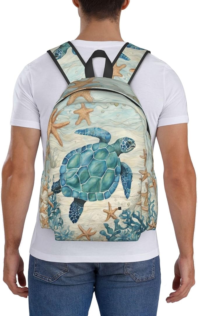 cfpolar 17 Inch Backpack Vintage Sea Turtle Starfish Laptop Bag Shoulder Bag School Bookbag Casual Daypack For Boys Girls