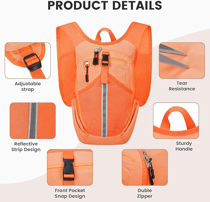 Small Hiking Backpack 10L - Lightweight Packable Foldable Backpack for Travel Camping Outdoor Commute, Compact Rucksack for Women Men(Orange)