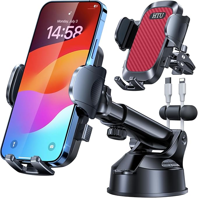 HTU 2026 Ultimate Best【True Military-Grade & Safety Cert】Car Phone Holder【Upgraded 360 Rotation & 100+LBS Strongest Suction】5-in-1 Truck Windshield Dashboard Vent Mount Stand for iPhone Android, Red