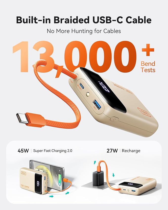 INIU 20000mAh Power Bank, Small Portable Charger, 45W PD Fast Charging Battery Pack with Build in USB-C Cable, Travel Phone Charger for iPhone 17 16 15 14 Air Samsung S25 S24 Google iPad Xiaomi, Beige
