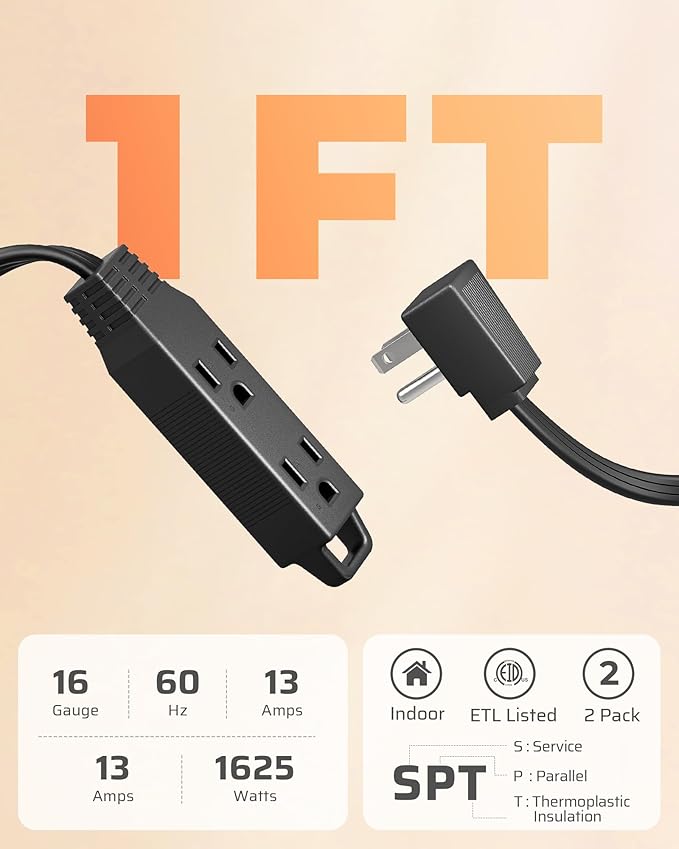 DEWENWILS Flat Plug Extension Cord, 1 FT 16/3 Awg Grounded Power Cable, 2 Pack, 3 Outlets Power Strip for Indoor Use, SPT-3 Cord, Space Saving for Office, School, Travel, Dorm, ETL Listed, Black