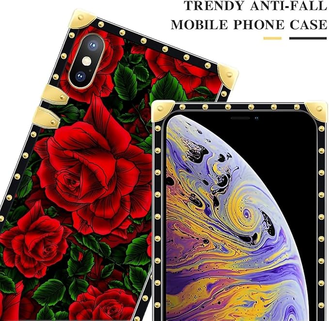 Compatible with iPhone XR Case, Vector Red Rose Green Leaf Luxury Golden Decoration for Girl Women Soft TPU Shockproof Protective Hard PC Back for iPhone XR