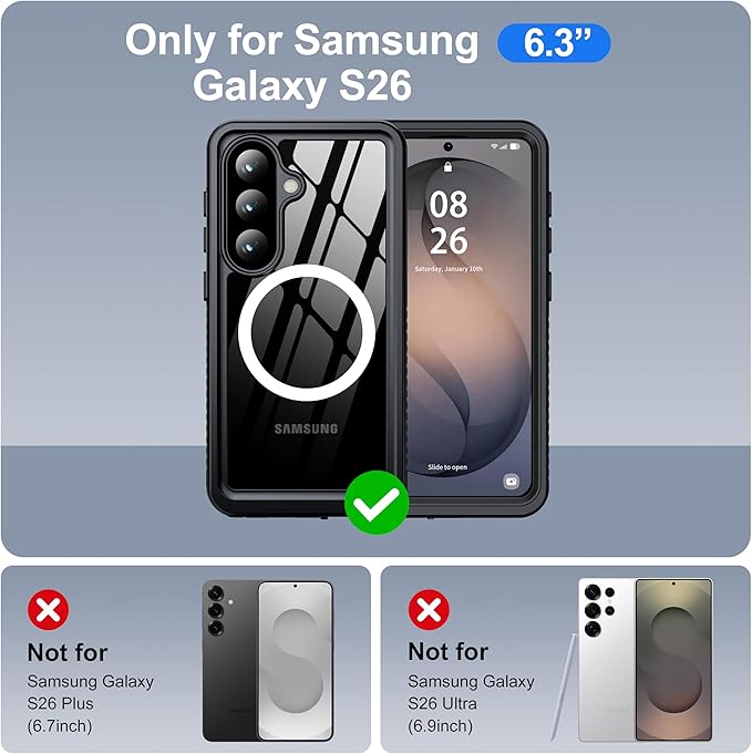 ANTSHARE for Samsung Galaxy S26 Case Waterproof, Built-in Lens & Screen Protector, [Compatible with MagSafe] Shockproof Dropproof Dustproof Full Body Phone Case for S26 6.3"-Black/Clear