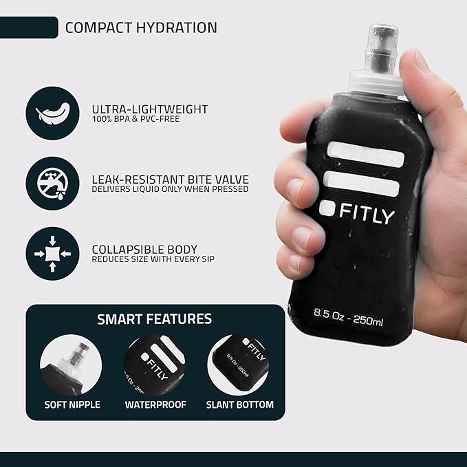 FITLY Soft Flask - Shrink As You Drink Soft Water Bottle for Hydration Pack - Folding Water Bottle Ideal for Running, Hiking, Cycling, Climbing & Rigorous Activity