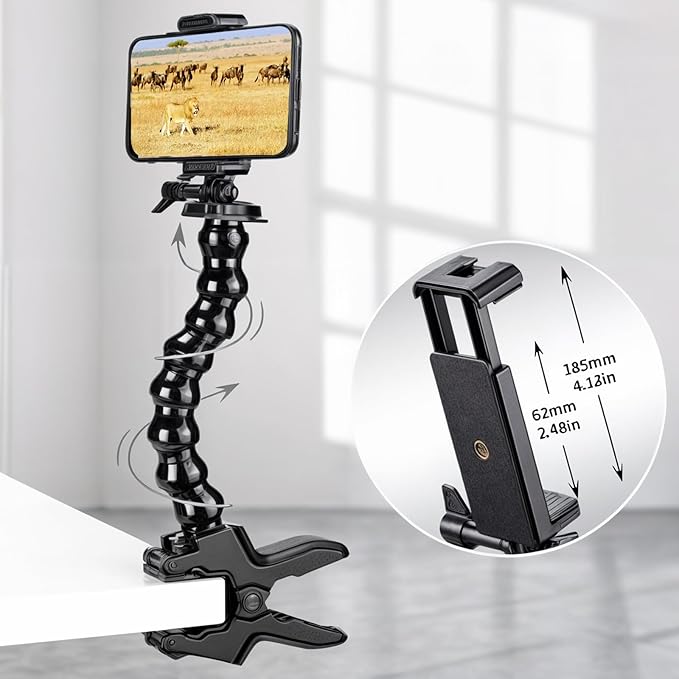 Gooseneck Phone Holder Flex Clamp Clip Mount with Flexible Jaws for Desk, Pole, or Mobile Stand Adjustable Compatible with iPhone 14, 13 Pro, XS Max, XR, X, 8, 7, 6, 6s Plus and Other 4-7'' Device