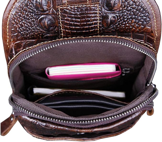 Hebetag Crocodile Genuine Leather Sling Crossbody Bag for Men Travel Outdoor Hunting Hiking Camping Shoulder Chest Pack Backpack Daypack Coffee