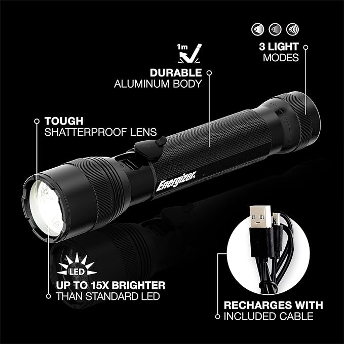 Energizer TacR-1000 Flashlight Rechargeable, Bright Rechargeable Tactical Flashlight for Emergencies and Camping Gear, Water Resistant Flashlight, USB Included