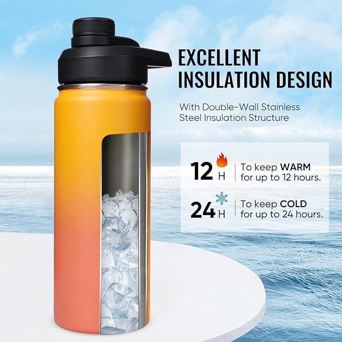 Fijinhom 18 oz Insulated Water Bottle with Handle, 304 Stainless Steel Water Bottles with Wide Mouth, Double Wall Vacuum Sports Water Bottle, BPA Free, Keep Cold and Hot, Yellow&Orange