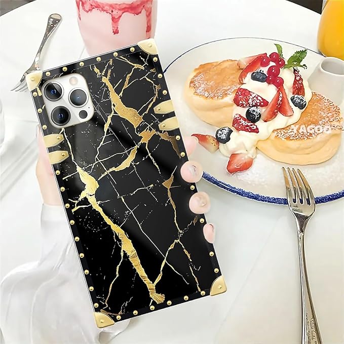 Compatible with iPhone 12 Case, Black Gold Marble Nature Luxury Golden Decoration for Girl Women Soft TPU Shockproof Protective Hard PC Back for iPhone 12 Pro