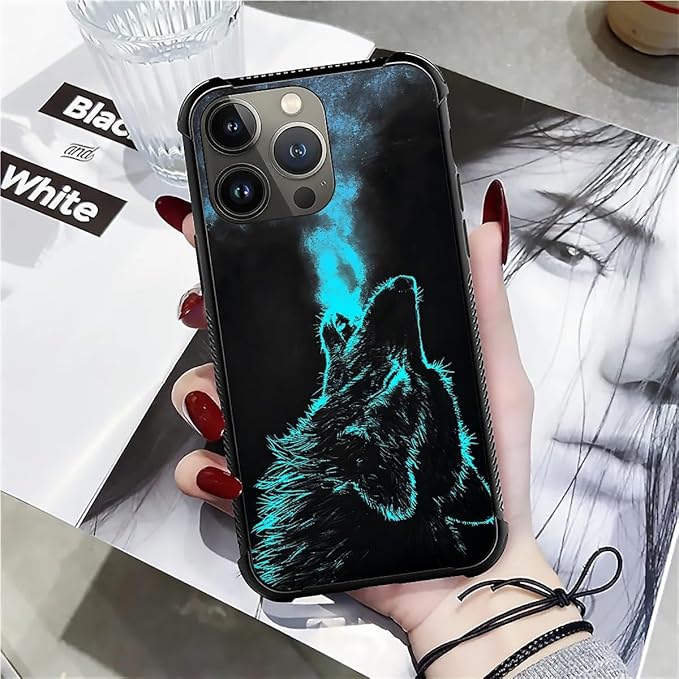 for iPhone 12 Pro Max Case, Blue Breathing Wolf Pattern Graphic Design Girl Boy Soft Silicone Hard Acrylic Shock Protection for iPhone 12 Pro Max
