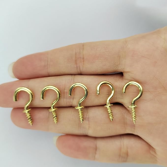 Set of 100 Nickel Plated Metallic Golden Cup Hooks Small Hooks, 1/2 Inch Delicate Size, Threaded Ceiling Hooks, Plant Hooks, Kitchen, and More Multi-Purpose in One.
