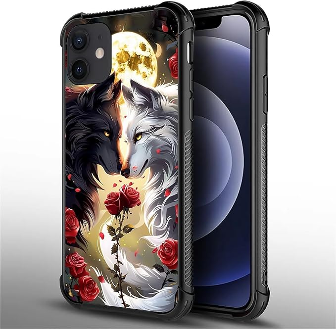 for iPhone 12/12 Pro Case, Black White Wolf Moon Flower Rose Pattern Graphic Design Girl Boy Soft Silicone Hard Acrylic Shock Protection for iPhone 12/12 Pro