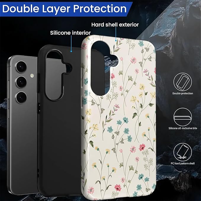 for Samsung Galaxy S23 FE Case,HL2 Beige Flower Branch Hybrid 2 Layer Hard Shell Silicone Protective Pattern Design Case