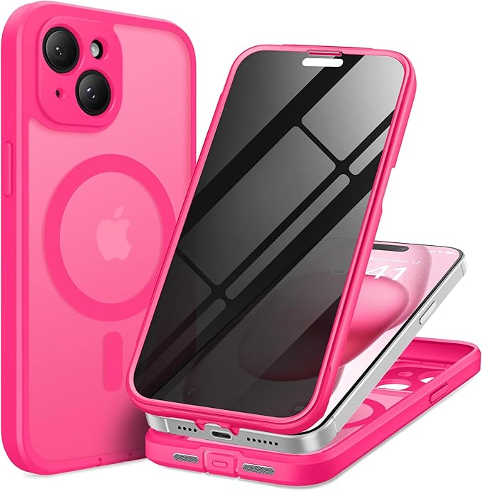 TIESZEN for iPhone 15 Plus Case, Compatible with MagSafe, Built-in Privacy Screen Protector and Camera Protection, Anti Spy Full Body Dustproof Shockproof Hard Phone Case 6.7", Hot Pink