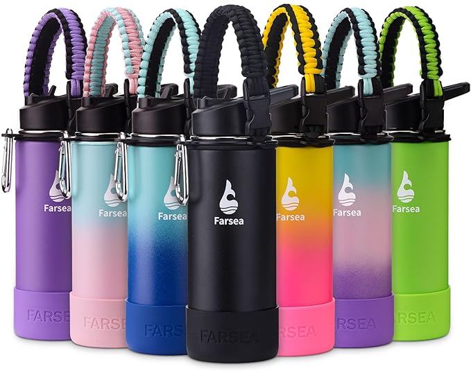 Farsea Insulated Water Bottle With Paracord Handle, Protective Boot and 2 Lids (Straw Lid & Spout Lid), Stainless Steel Water Bottle Wide Mouth, Double Wall Sweat-Proof BPA-Free, 18 oz