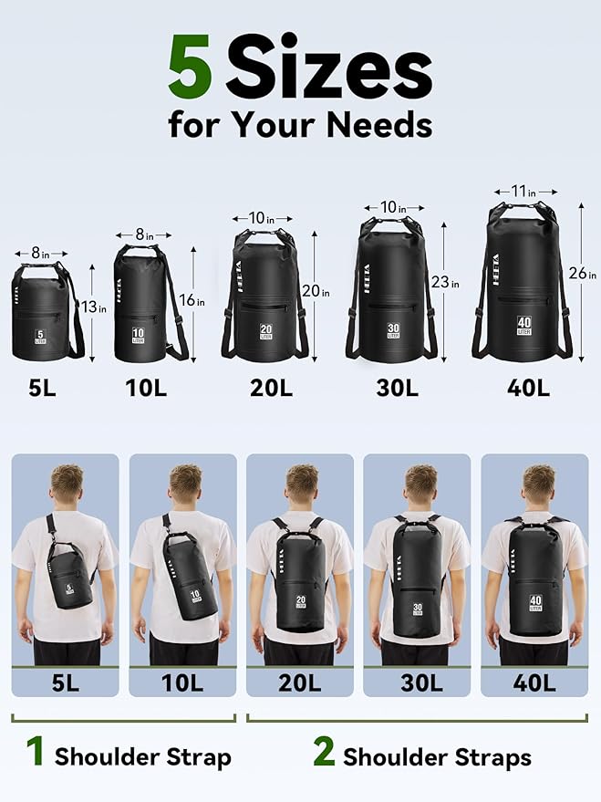 HEETA Waterproof Dry Bag with Front Zippered Pocket for Women Men, 5L/10L/20L/30L/40L Roll Top Lightweight Dry Storage Bag Backpack for Travel, Kayaking, Boating, Rafting, Camping, Hiking & Beach