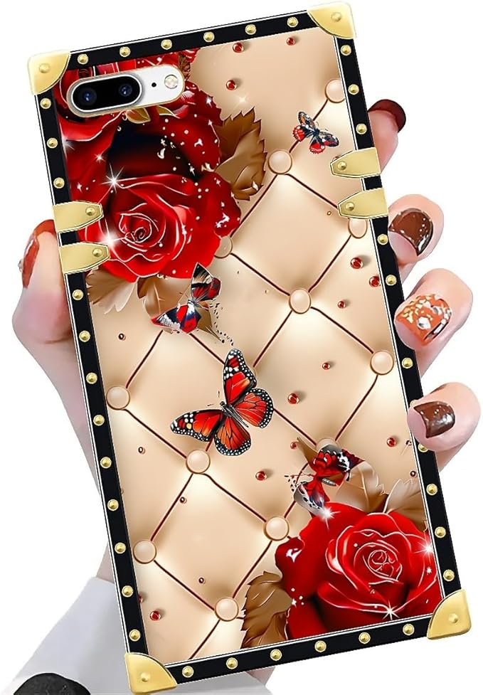 Compatible with iPhone 8 7 SE Case, Shining Red Rose Butterfly Leather Background Luxury Golden Decoration for Girl Women Soft TPU Shockproof Protective Hard PC Back for iPhone 8 7 SE