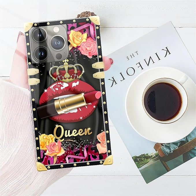 Compatible with iPhone 15 Pro Max Case, Queen Lip Crown Leopard Print Luxury Golden Decoration for Girl Women Soft TPU Shockproof Protective Hard PC Back for iPhone 15 Pro Max
