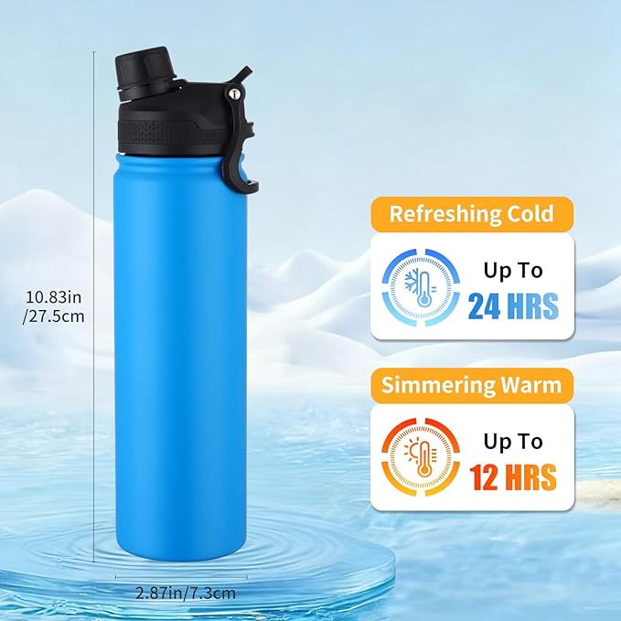 Insulated Water Bottle 24oz, Stainless Steel Double Wall Vacuum Sports Flask with 2-in-1 Straw & Chug Lid, BPA-Free, Leak Proof, Keeps Cold 24H for Travel Gym School
