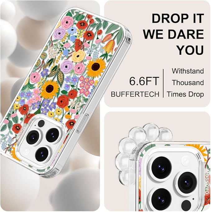 MOSNOVO Case for iPhone 14 Pro, [Buffertech 6.6ft Military-Grade Drop Protection] [Anti Peel Off Tech] Clear TPU Bumper Phone Case Cover Design - Blossom & Bloom
