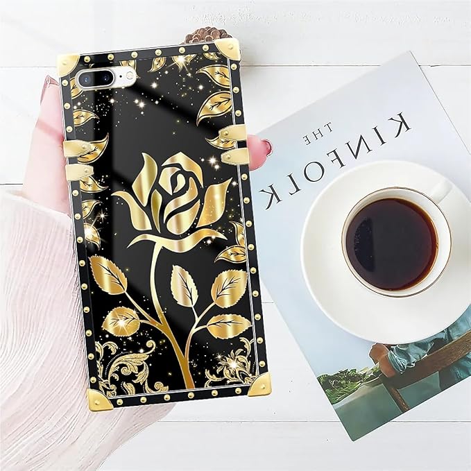Compatible with iPhone 8 Plus 7 Plus Case, Shine Gold Rose Luxury Golden Decoration for Girl Women Soft TPU Shockproof Protective Hard PC Back for iPhone 8 Plus 7 Plus