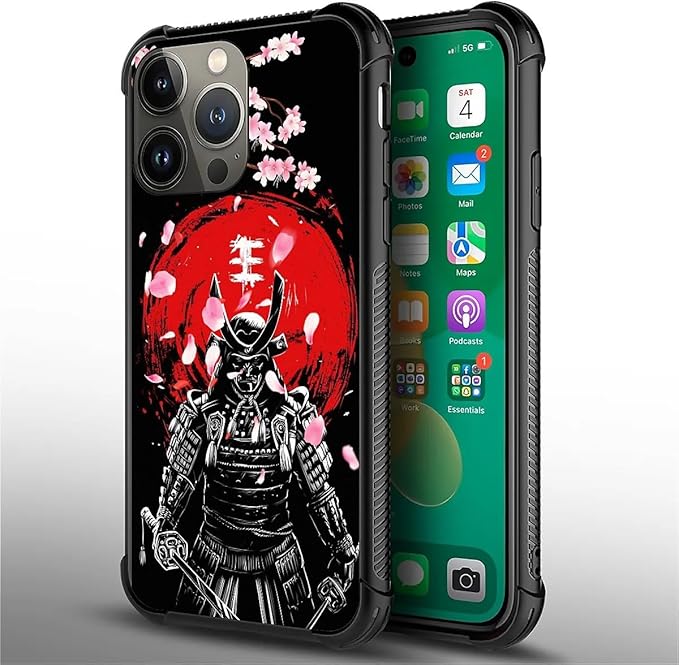 for iPhone 14 Pro Max Case, Sakura Japanese Samurai Pattern Graphic Design Girl Boy Soft Silicone Hard Acrylic Shock Protection for iPhone 14 Pro Max