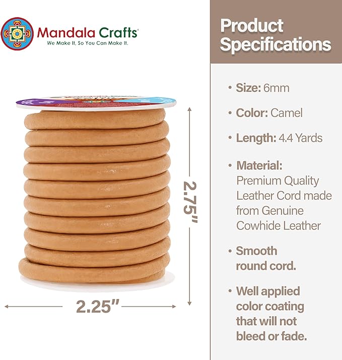 Mandala Crafts Round Genuine Camel Leather Cord for Jewelry Making – 6mm Cowhide Leather Rope String Lace for Kumihimo – 4.4 Yards Cowhide Craft Cording Spool