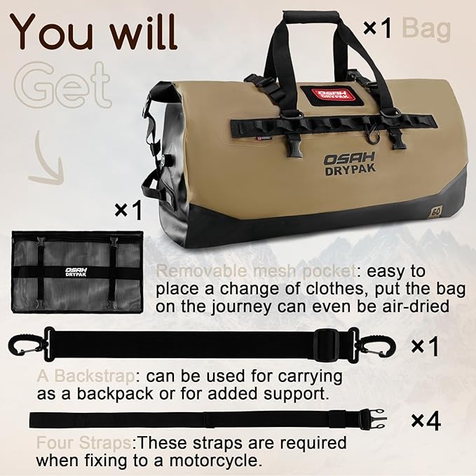OSAH DRYPAK Waterproof Duffel Bag 25L/40L/60L – Heavy-Duty Motorcycle Tail Bag, Roll-Top Dry Bag for Travel, Camping, Boating, Kayaking, Outdoor Adventure