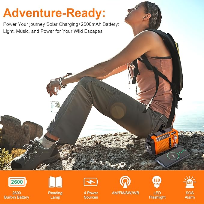 Hand Crank Emergency Weather Radio with 2600mAh/9620mWh Power Bank, NOAA AM FM Shortwave Portable Radio, Solar & USB-C Charging, Flashlight, SOS Alarm for Emergency Kits (Orange)