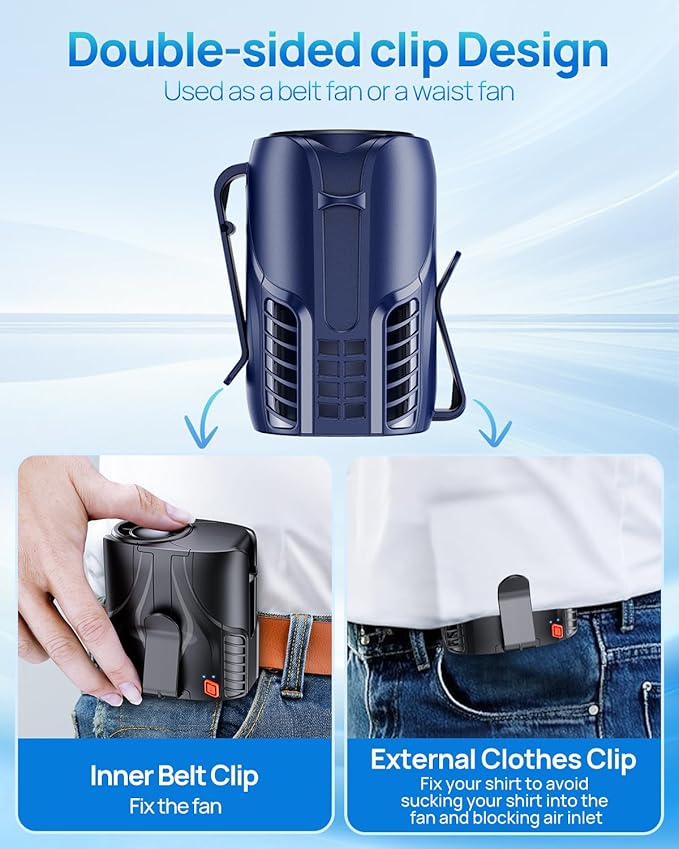 Portable Personal Waist Fan& Neck Fan, 14000RPM Brushless Motor, 40H Runtime Rechargeable, 6-Speed Quiet Operation, Clip-On Personal Body Cooling for Camping/Worksites/Outdoor