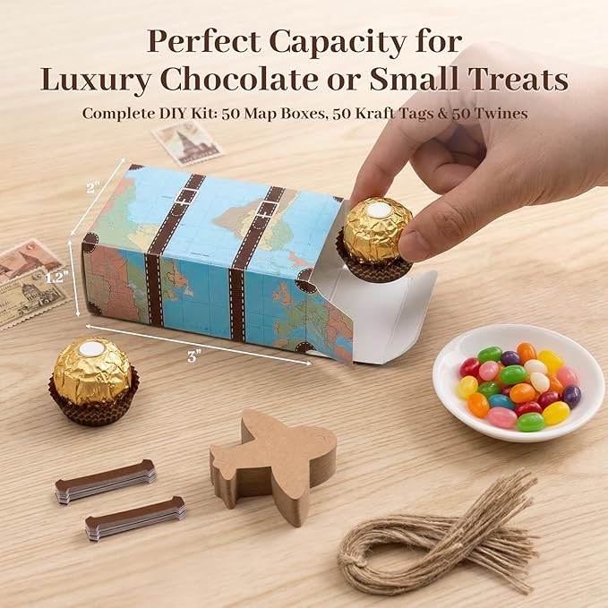 HONEYGIFTS 50 Piece Mini Suitcase Gift Boxes Party Favor Candy Boxes, Mini World Map Suitcase for Birthday Party/Wedding/Travel Themed Parties/Bride Shower Decoration, with Labels and Burlap Cloth