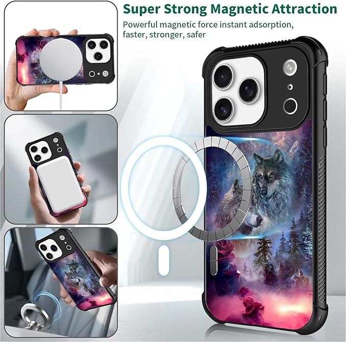 for iPhone 17 Pro Case,for MagSafe Graphic Design for Girl Boy Soft Silicone Hard Acrylic Shock Protection Designed for iPhone 17 Pro Star Two Wolfs Howling Pattern